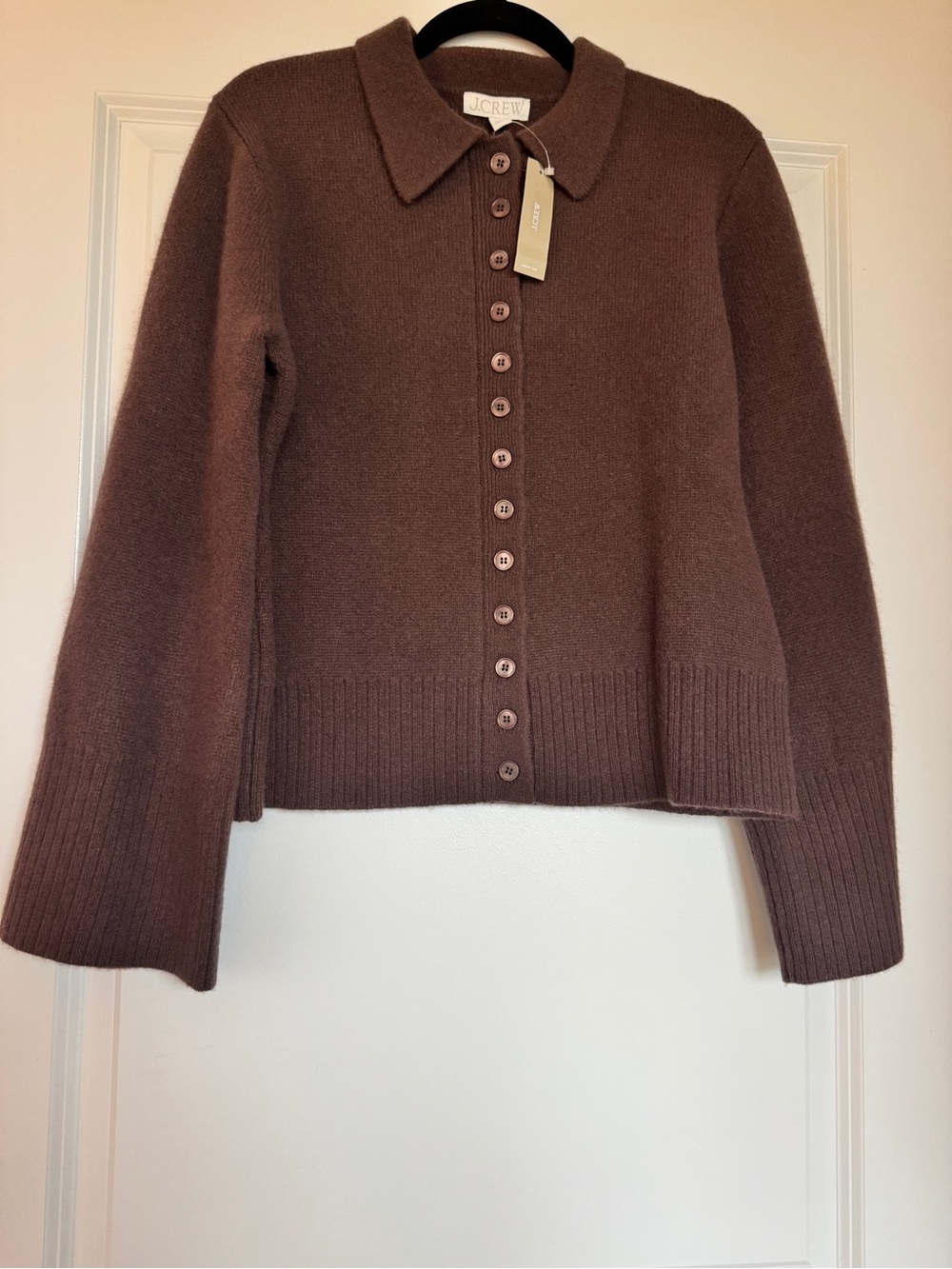 NWT J. CREW Milano-stitch cinched-waist cardigan chocolate cocoa 100% lambswool